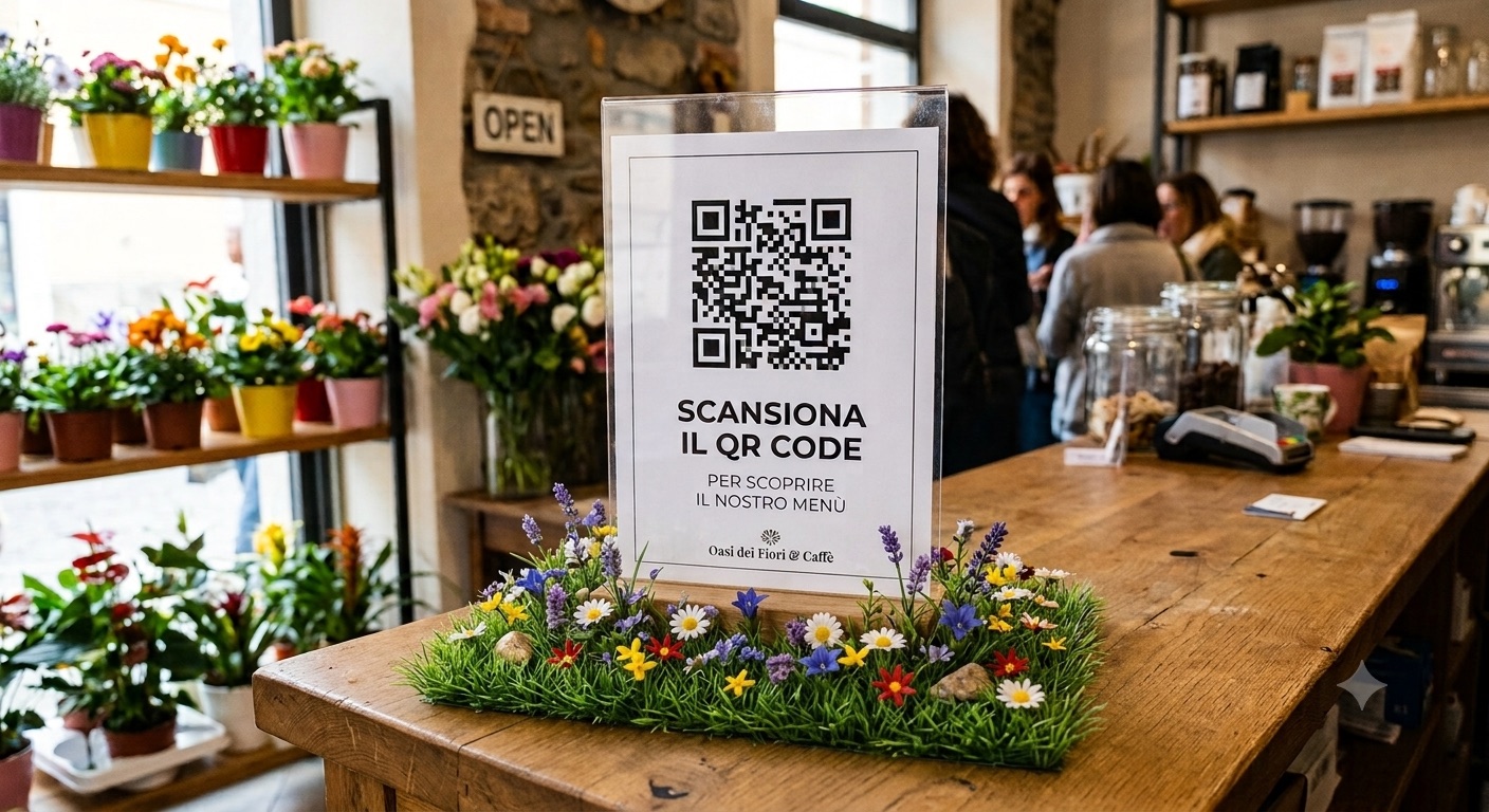 Teca da banco con QR code esposta sul bancone di legno di un negozio di fiori, circondata da un'aiuola di fiori freschi.